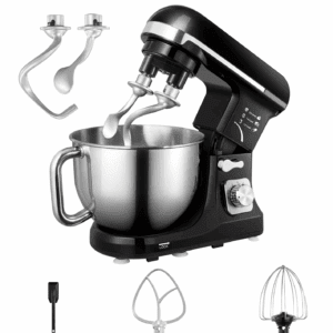 Stand Mixer with Double Hook, 6 Speeds, 5.5Qt Stainless Steel Bowl, Beater and Whisk Black
