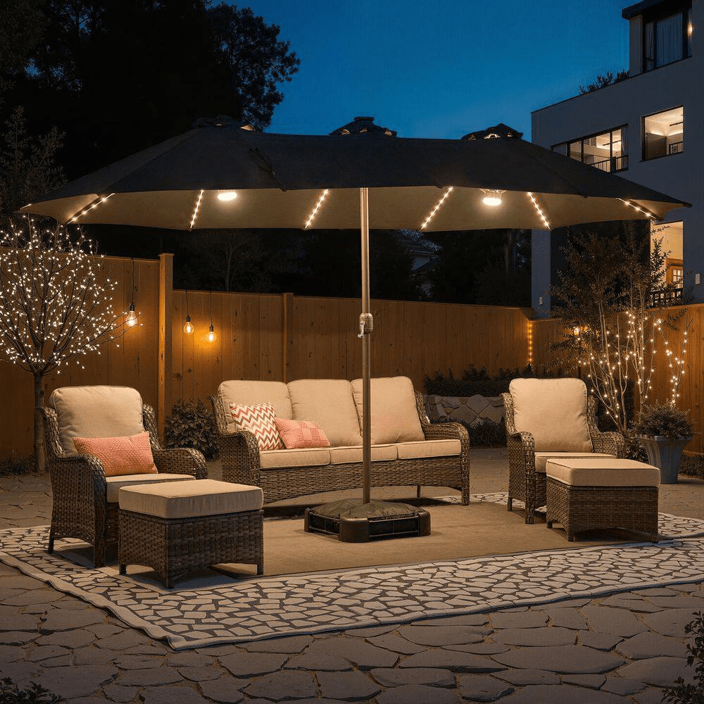 Extra-Large 8.5 X 14.5 Ft. Rectangular Patio Umbrella with Solar Light, Steel Frame, Stand and Sand Bags in Dark Grey - Image 2