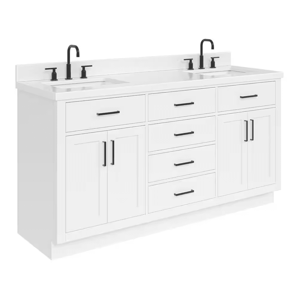 Hepburn 66 In. Double Sink Freestanding Bathroom Vanity in White with Carrara White Quartz Top - Image 8
