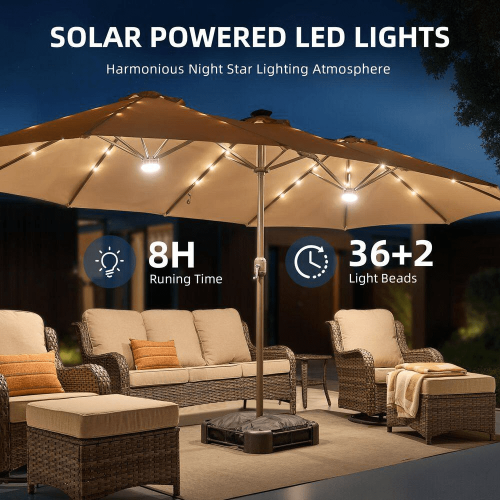 Extra-Large 8.5 X 14.5 Ft. Rectangular Patio Umbrella with Solar Light, Steel Frame, Stand and Sand Bags in Beige - Image 4