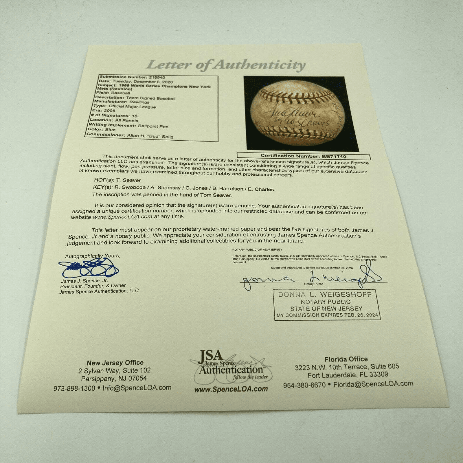 1969 Mets World Series Champs Team Signed Game Used Shea Stadium Baseball JSA - Image 9