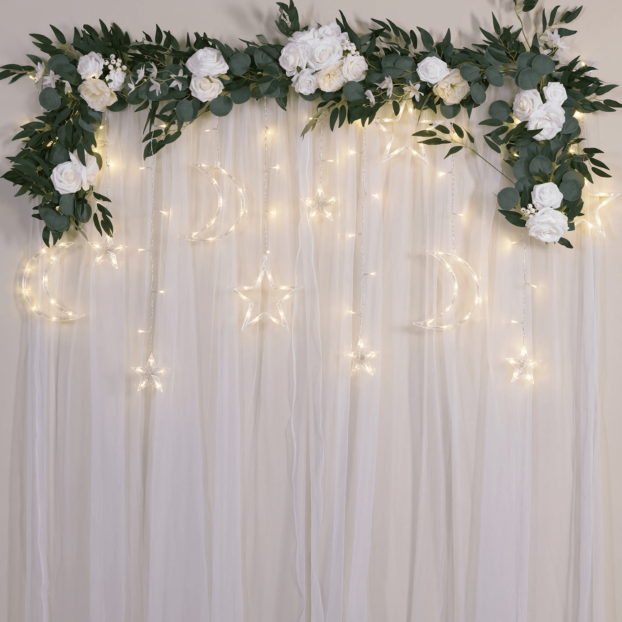 144-Count Indoor Battery Operated Warm White LED Curtain Lights with Stars and Moons - Image 3