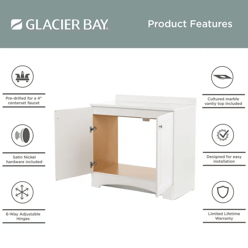 37 In. Single Sink White Bath Vanity with Cultured Marble Top (Assembled) - Image 3