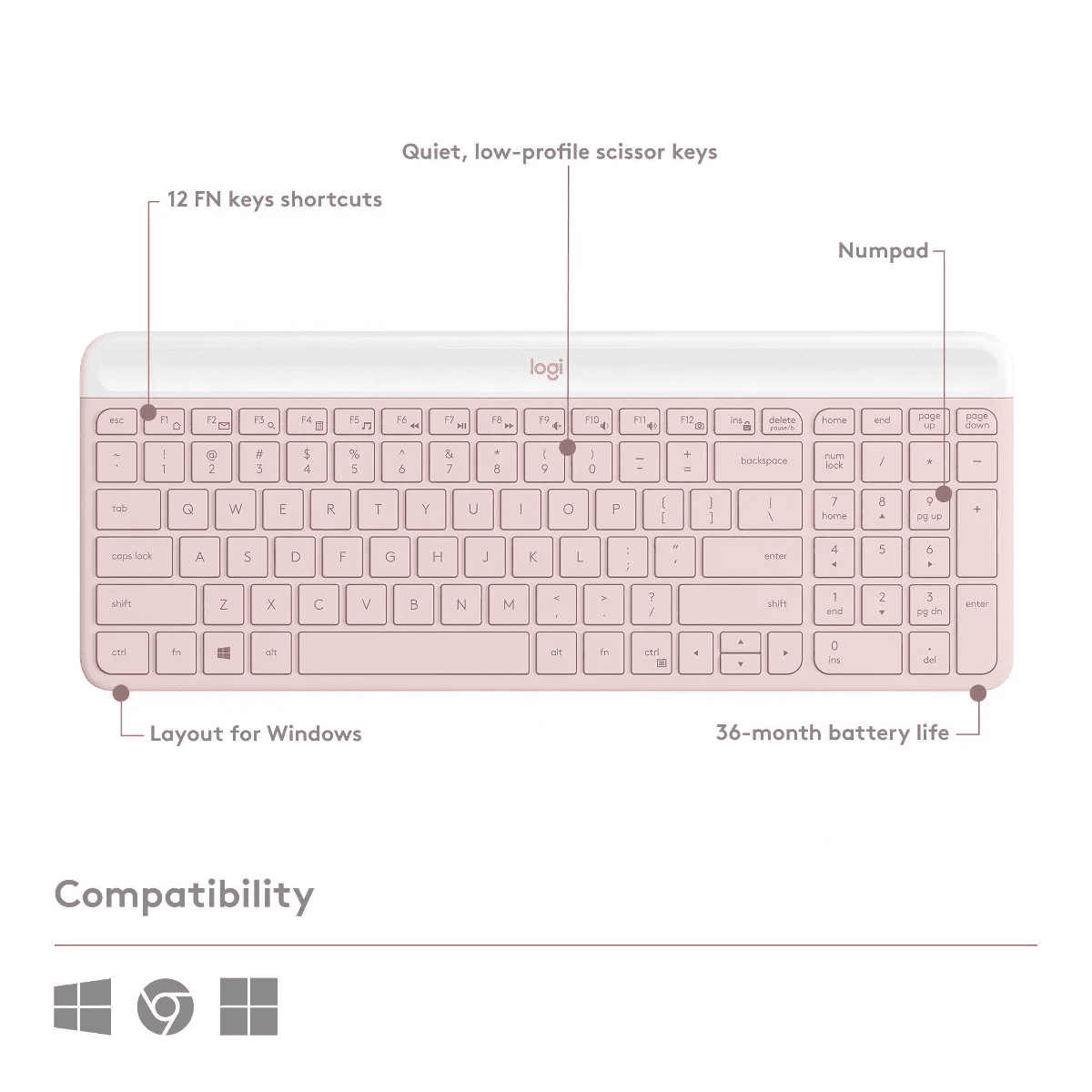 Logitech MK470 Keyboard - Pink: USB-A Low-Profile Full-Size Keyboard & Mouse Combo - Image 6