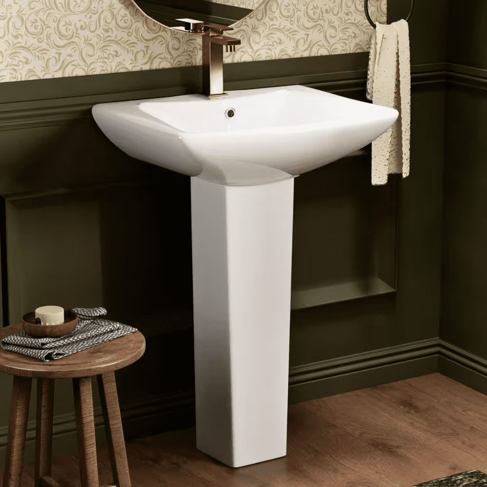 24 W X 19 D In. Pedestal Sink, White Rectangular Ceramic Freestanding Sink with Overflow and 1 Pre-Drilled Faucet Hole