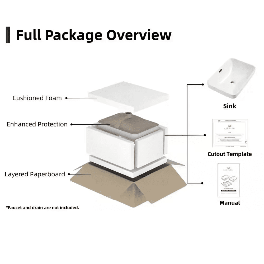 Rectangular Semi Recessed Bathroom Sink 20 In. X 14 In. White Ceramic Vessel Sink with Rear Overflow and Rounded Corners - Image 3