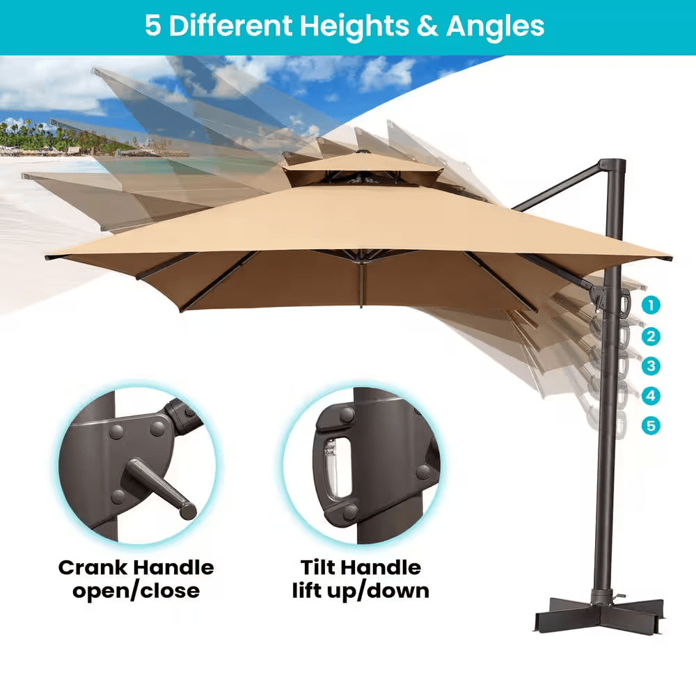 2-Tier 13 Ft. X 10 Ft. Rectangular Aluminum 360° Rotation Patio Cantilever Umbrella in Tan with 260 Lbs. Umbrella Base - Image 6