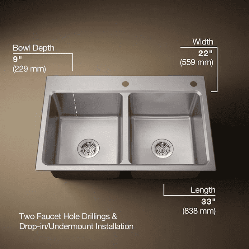 Prologue Drop-In or Undermount 33-In X 22-In Stainless Steel Double Equal Bowl 18 -Gauge Workstation Kitchen Sink with Drainboard - Image 4