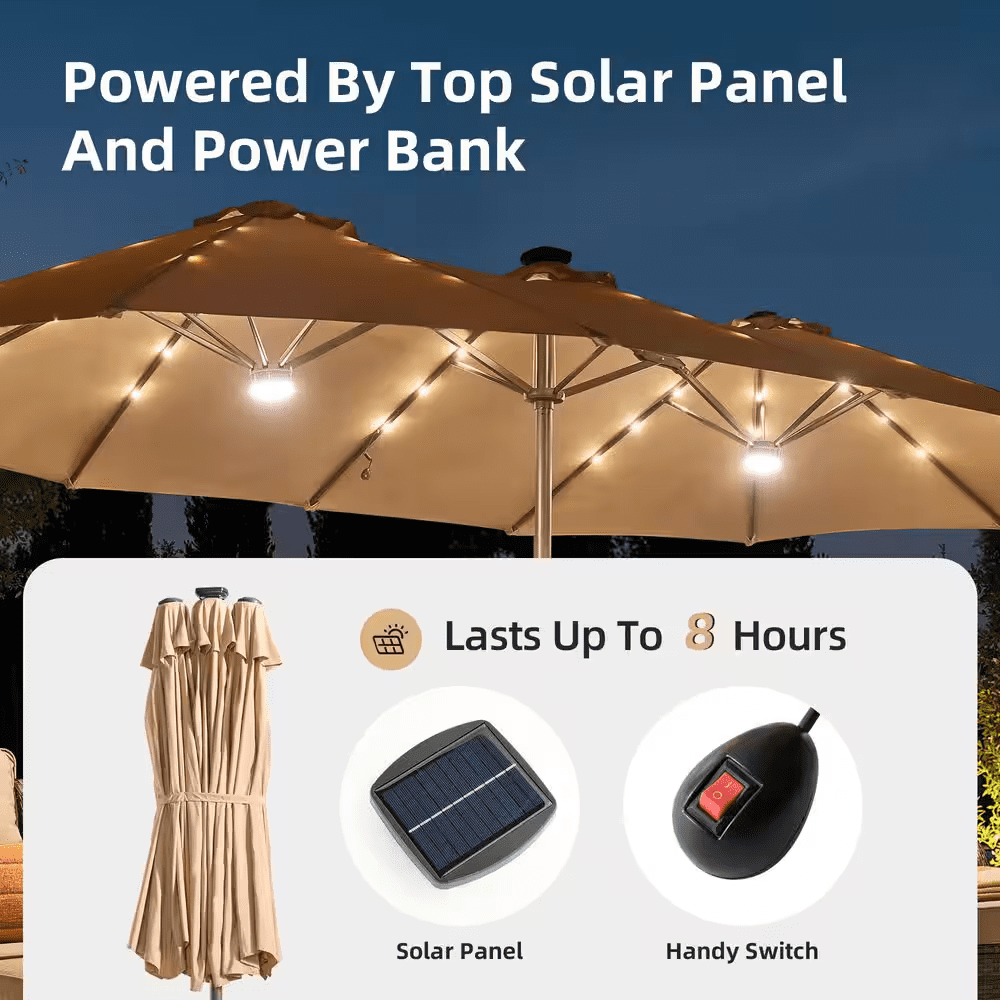 Extra-Large 8.5 X 14.5 Ft. Rectangular Patio Umbrella with Solar Light, Steel Frame, Stand and Sand Bags in Beige - Image 3