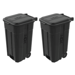45 Gal. Black Heavy Duty Outdoor Trash Can with Wheels and Attached Lid (2-Pack)