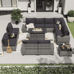 13-Pieces Gray Wicker Patio Conversation Set Wicker Patio Fire Pit Table Sectional Seating Set with Black Cushions
