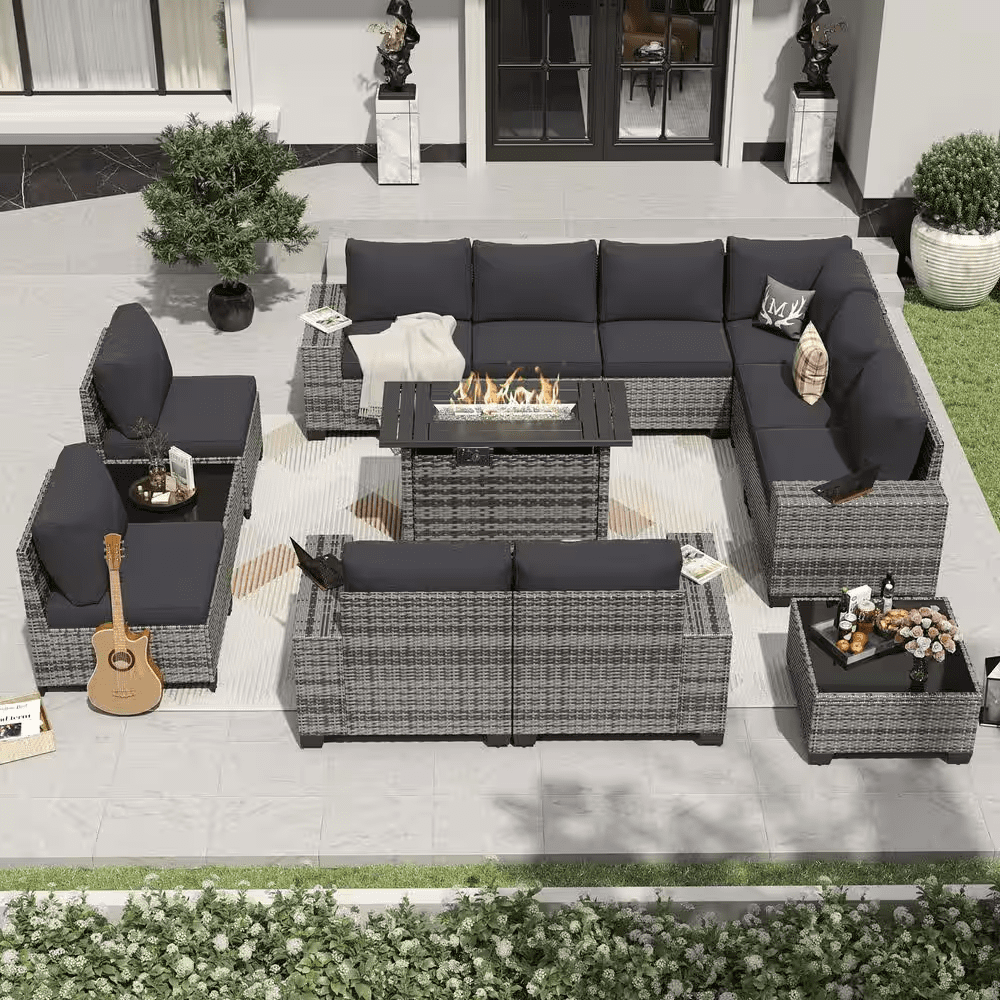 13-Pieces Gray Wicker Patio Conversation Set Wicker Patio Fire Pit Table Sectional Seating Set with Black Cushions