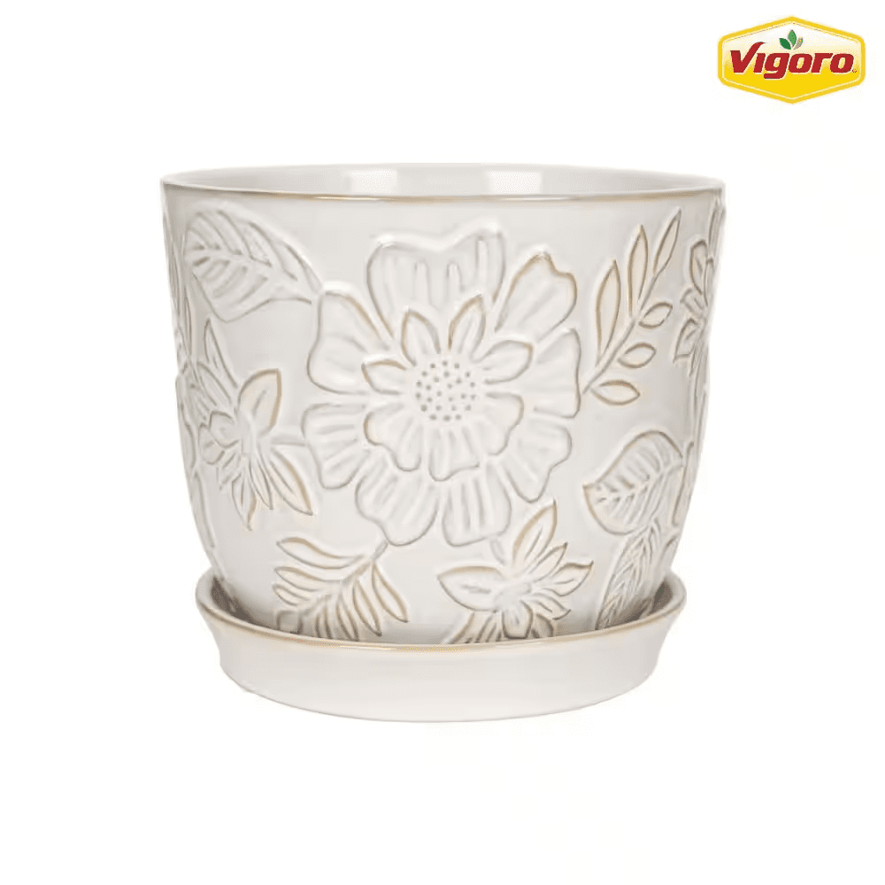 9.3 In. Lorelai Medium White Floral Ceramic Pot (9.3 In. D X 8.1 In. H) with Drainage Hole and Attached Saucer