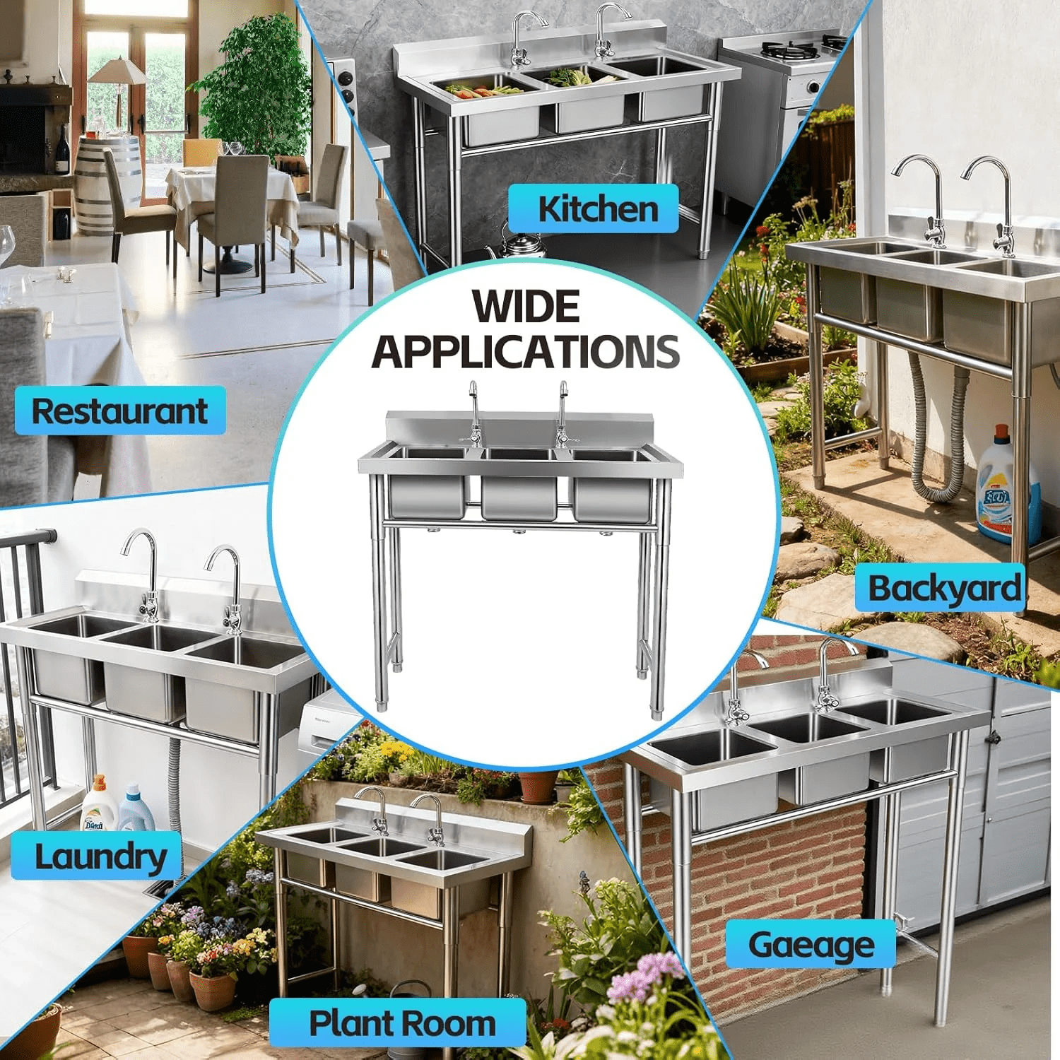 3-Compartment Sink, 39'' X 18'' X 36'' Stainless Steel Utility Sink, Free Standing Three Bowl Kitchen Sink Set with 2 Faucets Hot & Cold Water Pipes for Food Truck, Bar, Restaurant - Image 7