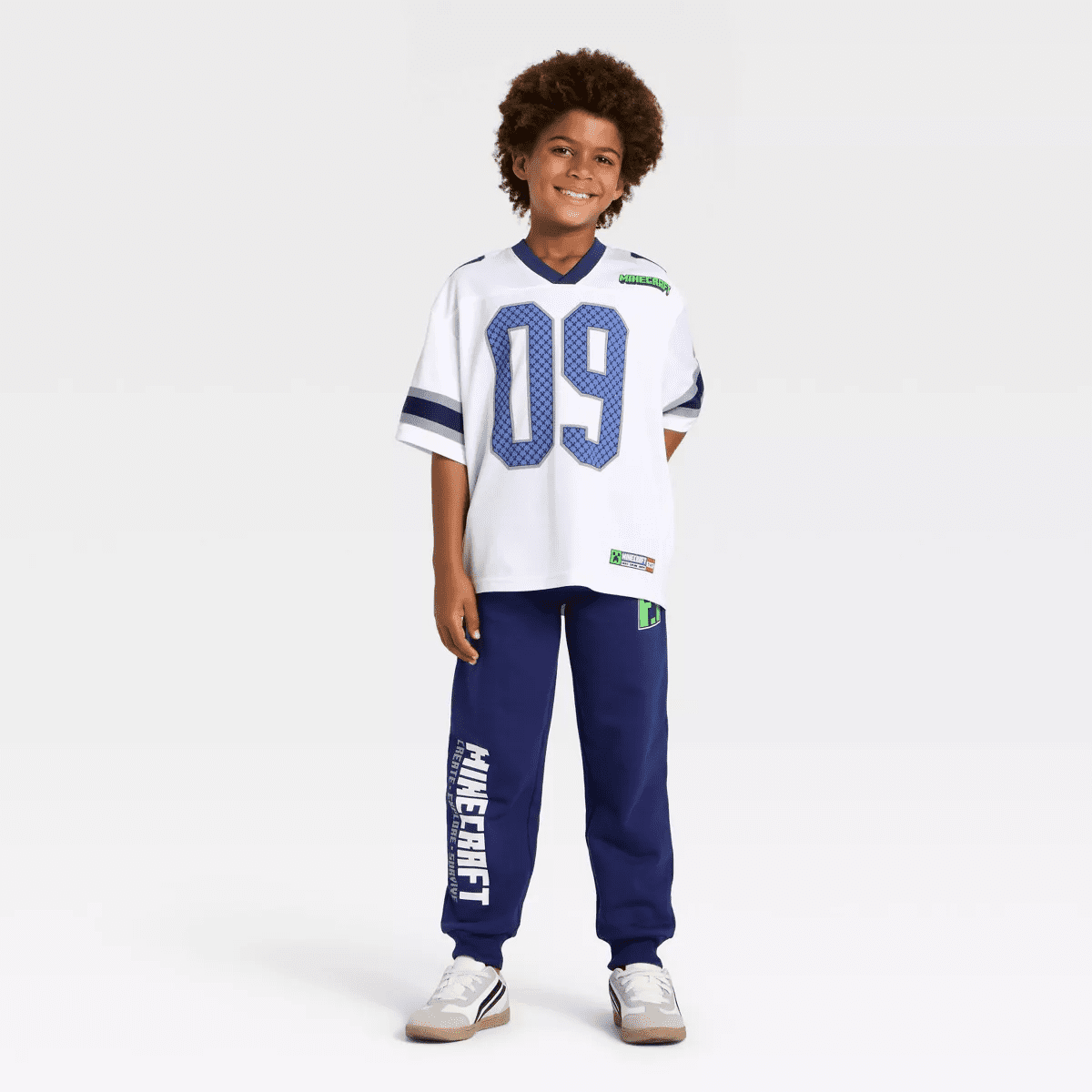 Boys' Minecraft Creeper Mesh Football Jersey - Heather Gray/White/Navy Blue - Image 4