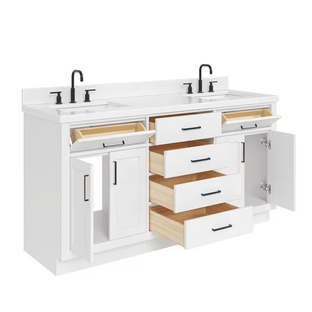 Hepburn 66 In. Double Sink Freestanding Bathroom Vanity in White with Carrara White Quartz Top - Image 9