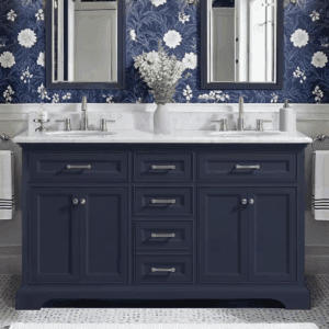Windlowe 61 In. Double Sink Navy Blue Bath Vanity with White Carrara Marble Top (Assembled)