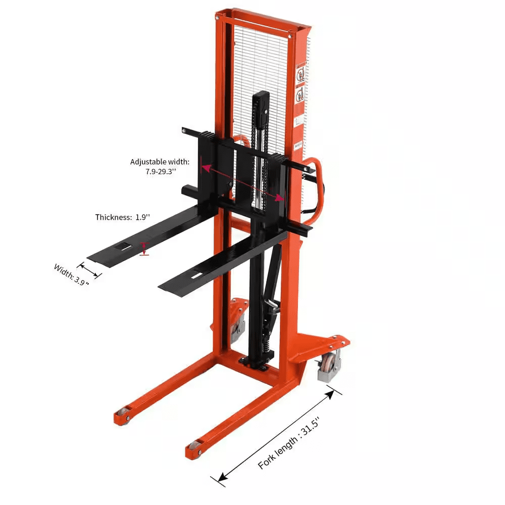 1,100 Lbs. Hand Pallet Stacker Manual Walkie Stacker with Fixed Legs 63 In. Lift High Adjustable Forks Orange - Image 8