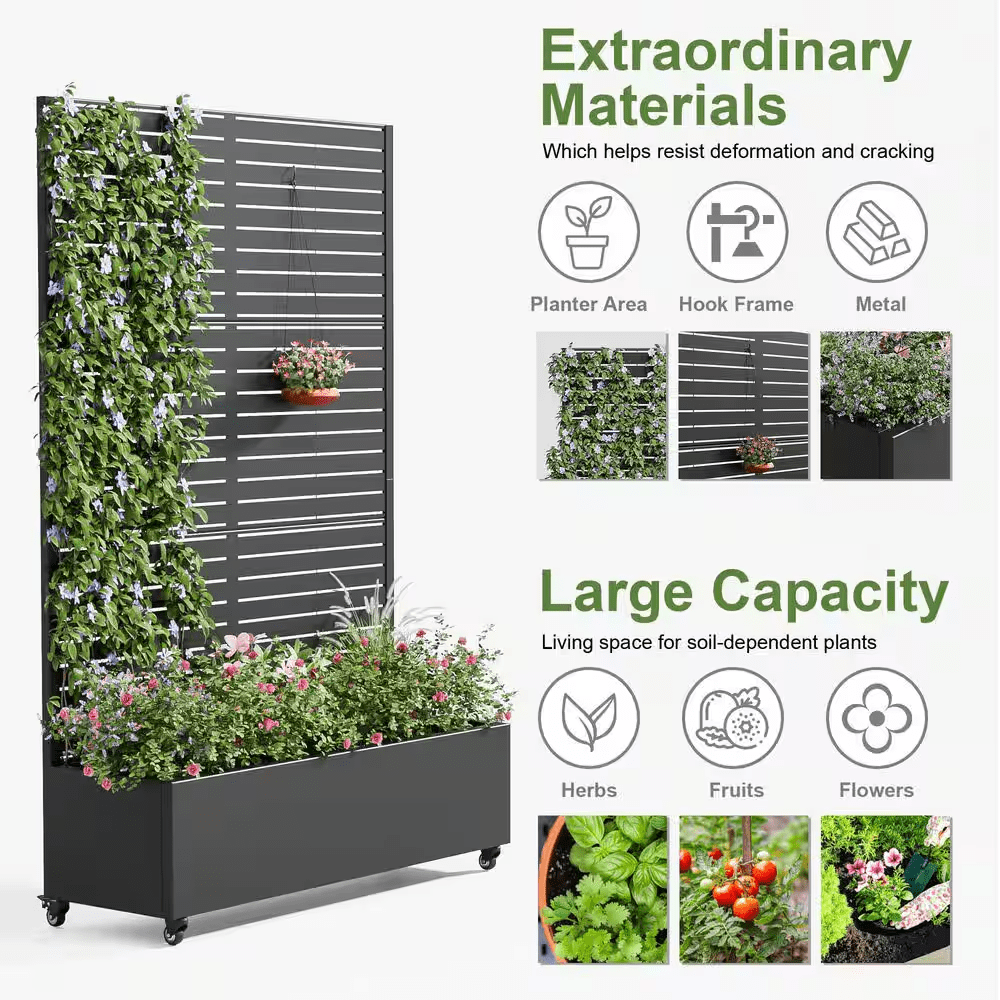 72 In. H X 47 In. W Rectanglar Black Outdoor Metal Privacy Screen Planter Box Wall Decor in Louvered Pattern - Image 6