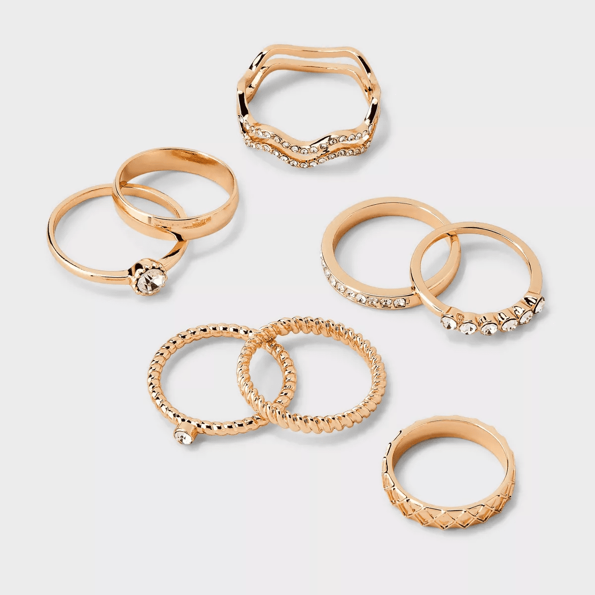 Rhinestone Band Ring Set 8Pc - Wild Fable™ Gold: Stacking, Statement , Medium/Large, Zinc Material