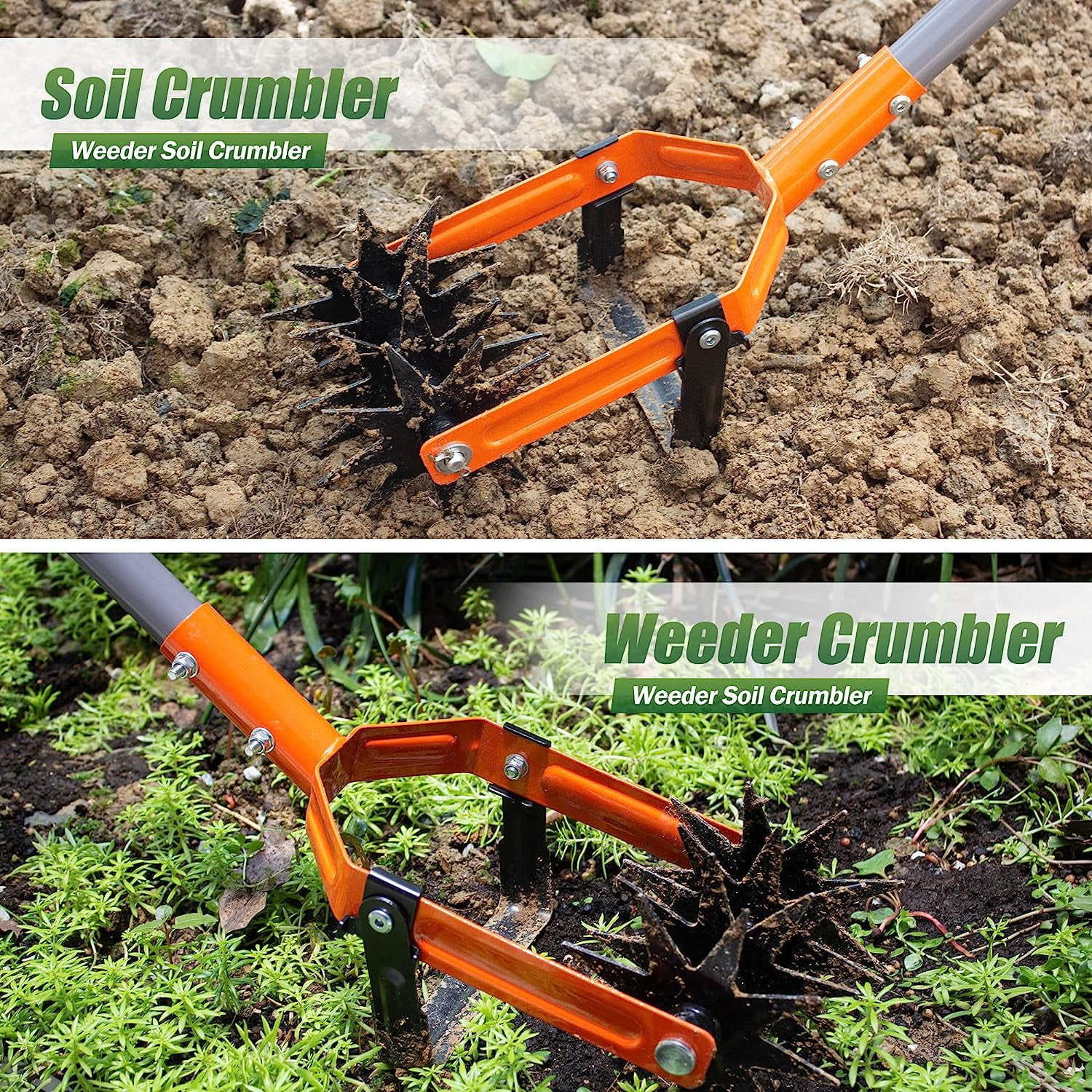 Rotary Cultivator Tool, Adjustable Garden Hand Tiller with Stainless Steel Pole, 2-In-1 Garden Weeder and Crumbler Soil Cultivator Tool with Weeding Knife for Soil Mixing or Reseeding Grass - Image 3