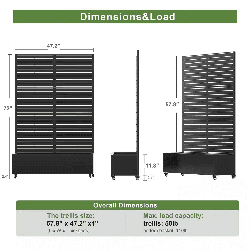 72 In. H X 47 In. W Rectanglar Black Outdoor Metal Privacy Screen Planter Box Wall Decor in Louvered Pattern - Image 8