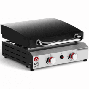 Portable Propane Grill in Stainless Steel with Black Lid and Pre Seasoned Griddle