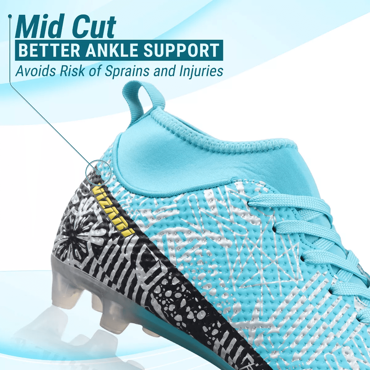 Vizari Saco MC Adult Soccer Cleats for Outdoor Play | Mid-Cut High Ankle Football Shoes with Sock | Professional Spikes High Top Football Cleats | Transparent Studs Soccer Cleats - Image 6