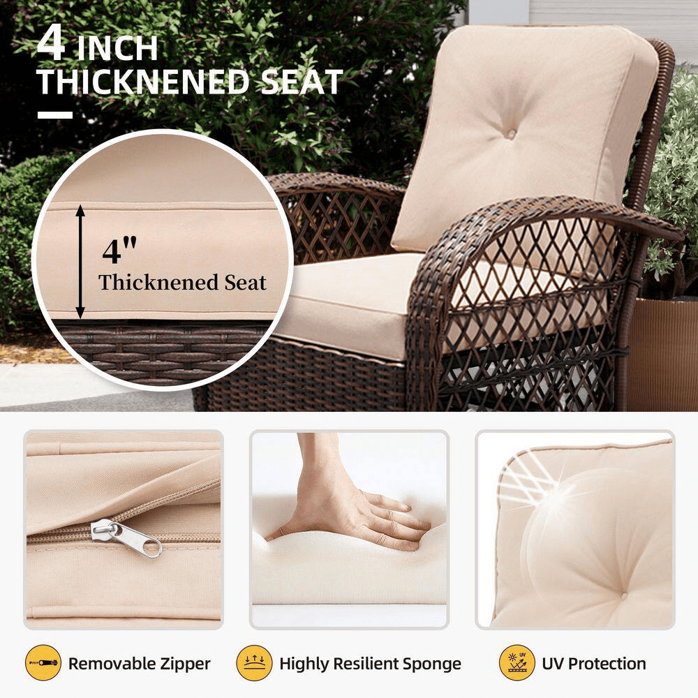 3-Piece Patio Outdoor Brown Wicker Swivel Rocking Chair Set with Side Table and Beige Cushions - Image 2