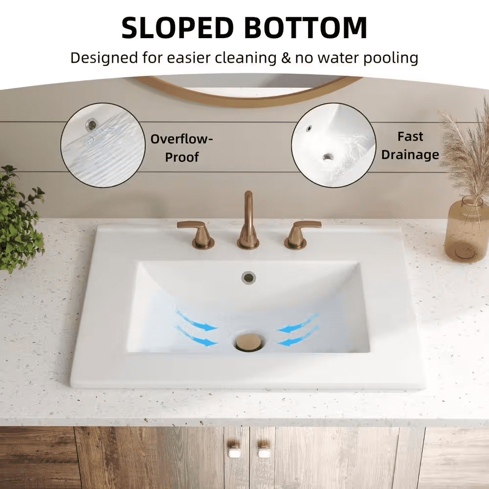 Rectangular Drop-In Bathroom Sink 24 In. X 18 In. White Ceramic Semi-Recessed Vessel Sink with Widespread Faucet Holes - Image 11