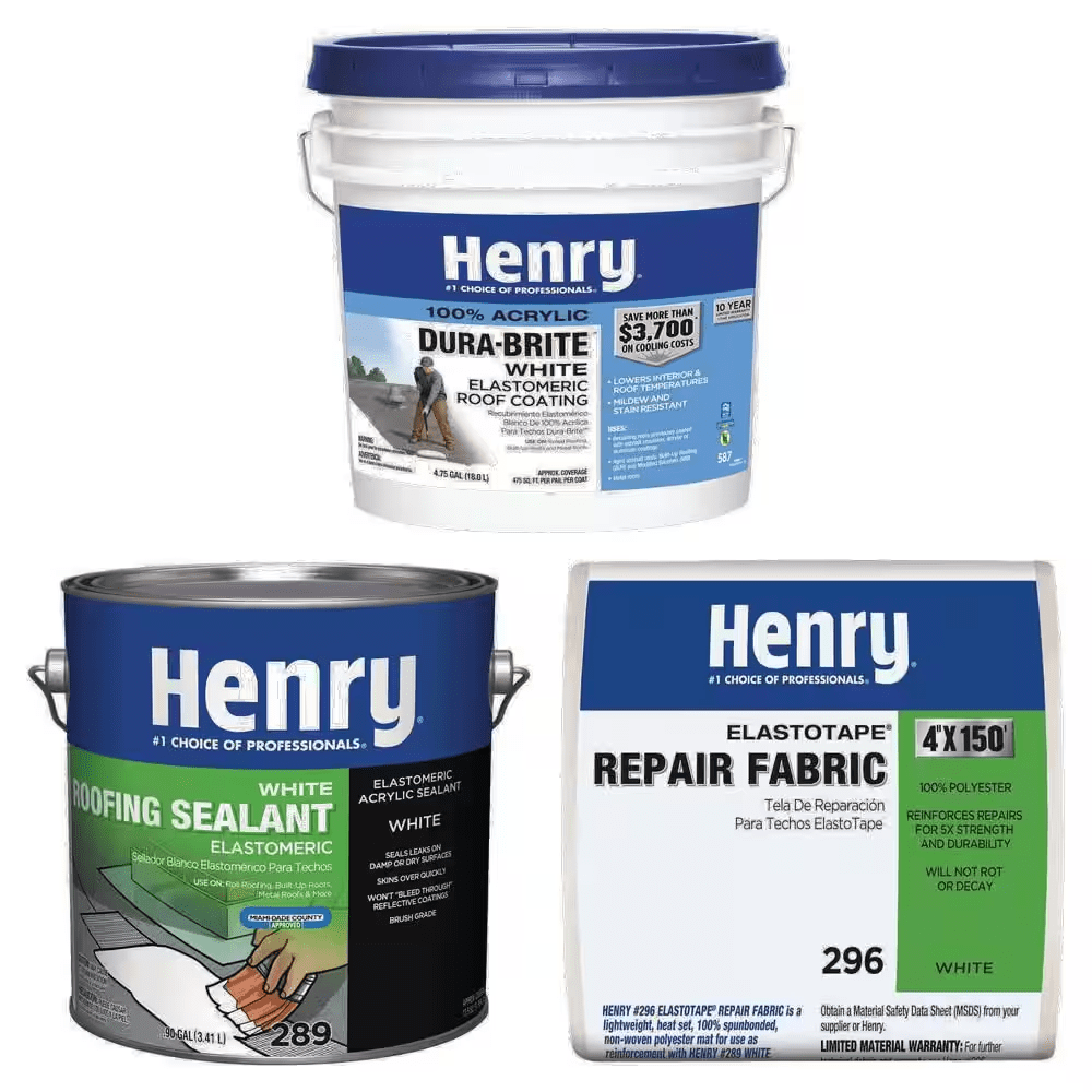 587 Dura-Brite White Roof Coating 4.75 Gal., 289 Roofing Sealant 0.90 Gal. and 296 Elastotape 4 In. X 150 Ft. Combo