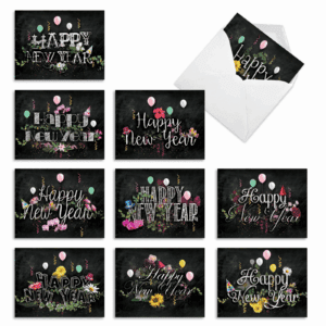 Pack of 10 Happy New Year Cards with Envelopes (4 X 5.12 Inch) - NEW YEAR CHALK and ROSES M2358NYG