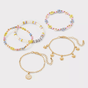 Girls' 5Pk Daisies Bracelet - Art Class™: Beaded, Chain, Stretch, Lobster Claw Clasp, 6.5" Length