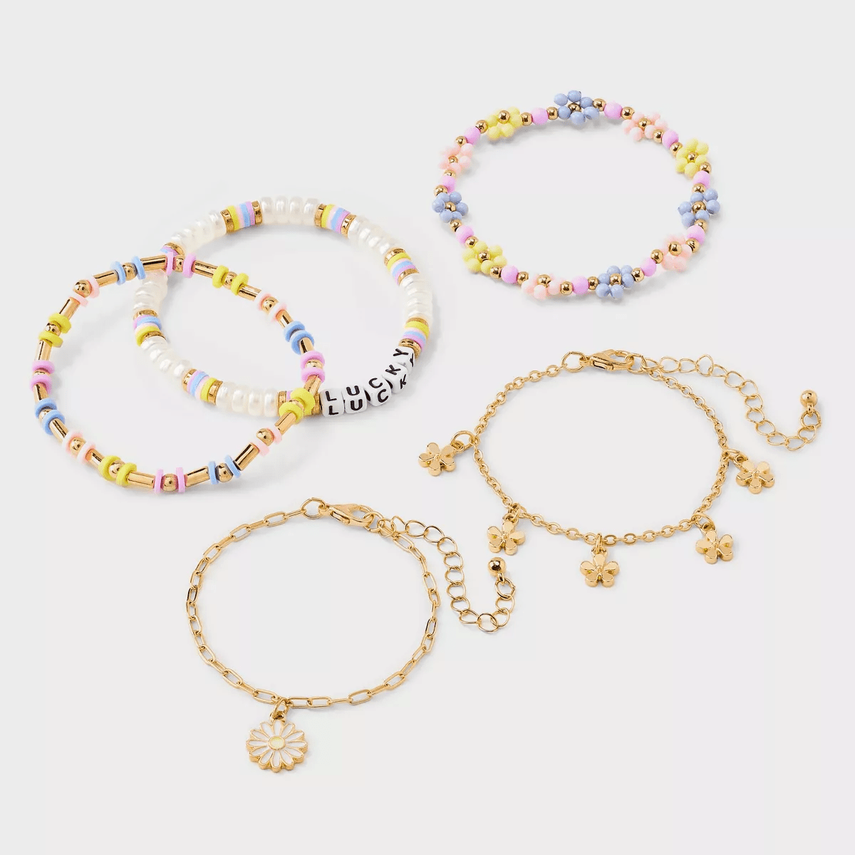 Girls' 5Pk Daisies Bracelet - Art Class™: Beaded, Chain, Stretch, Lobster Claw Clasp, 6.5" Length