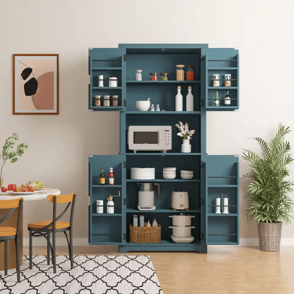 30.7 In. W Blue MDF Kitchen Buffet Pantry Storage Cabinet with Adjustable Shelf and Microwave Stand - Image 8
