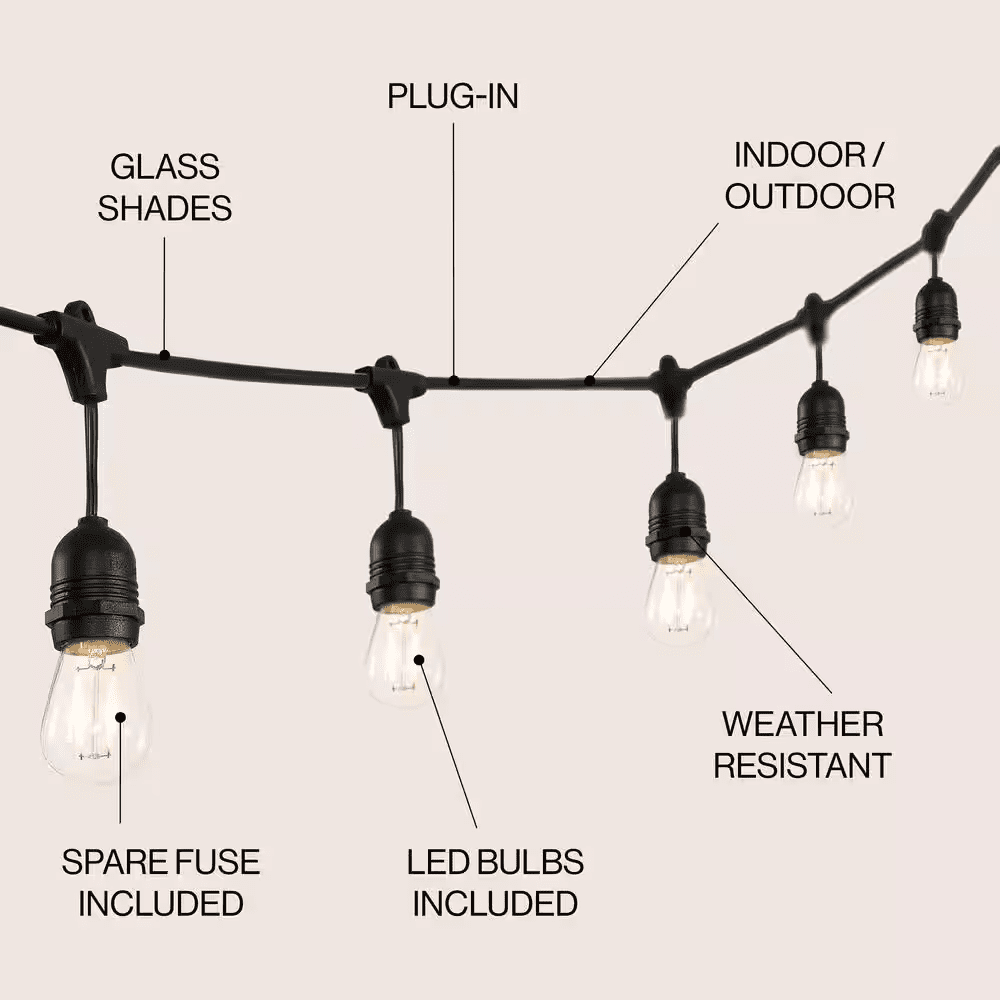 15-Light Indoor/Outdoor 48 Ft. Plug-In Edison Bulb Shape String Light Rustic Industrial LED S14, Black - Image 4