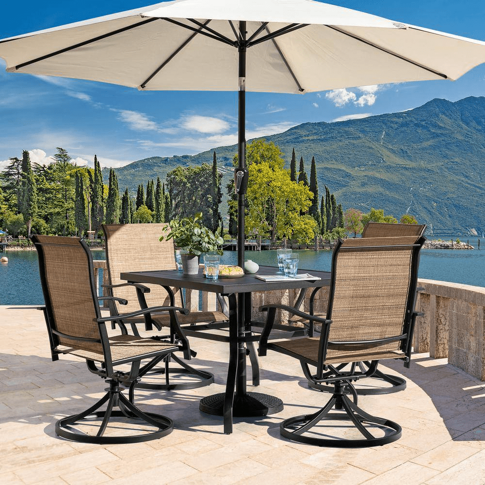 5-Piece Steel Sling Outdoor Patio Dining Set with Square Table and Swivel Dining Chairs in Brown - Image 12