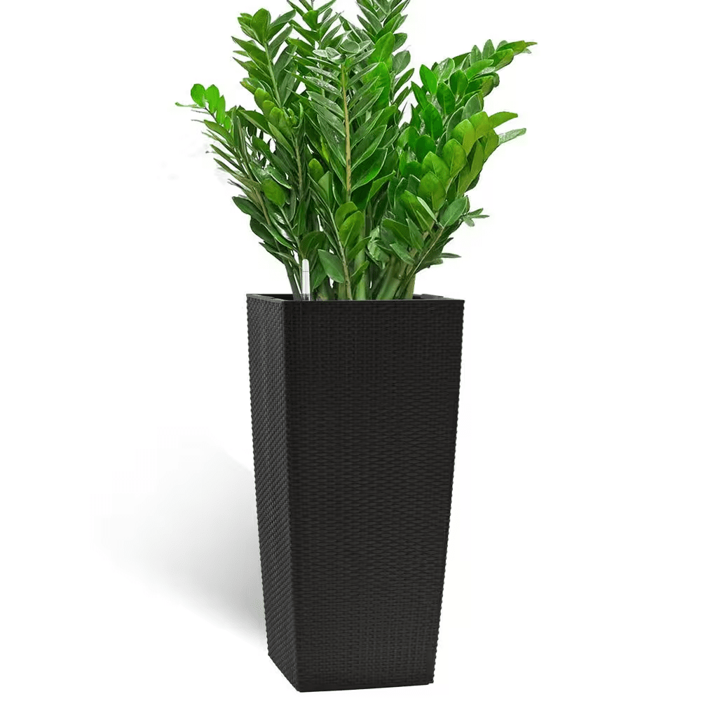 Large 30.12 In. H Black Faux Rattan Outdoor Flower Pot with Self-Watering Drainage Holes&Inner Trays, Plastic Planter