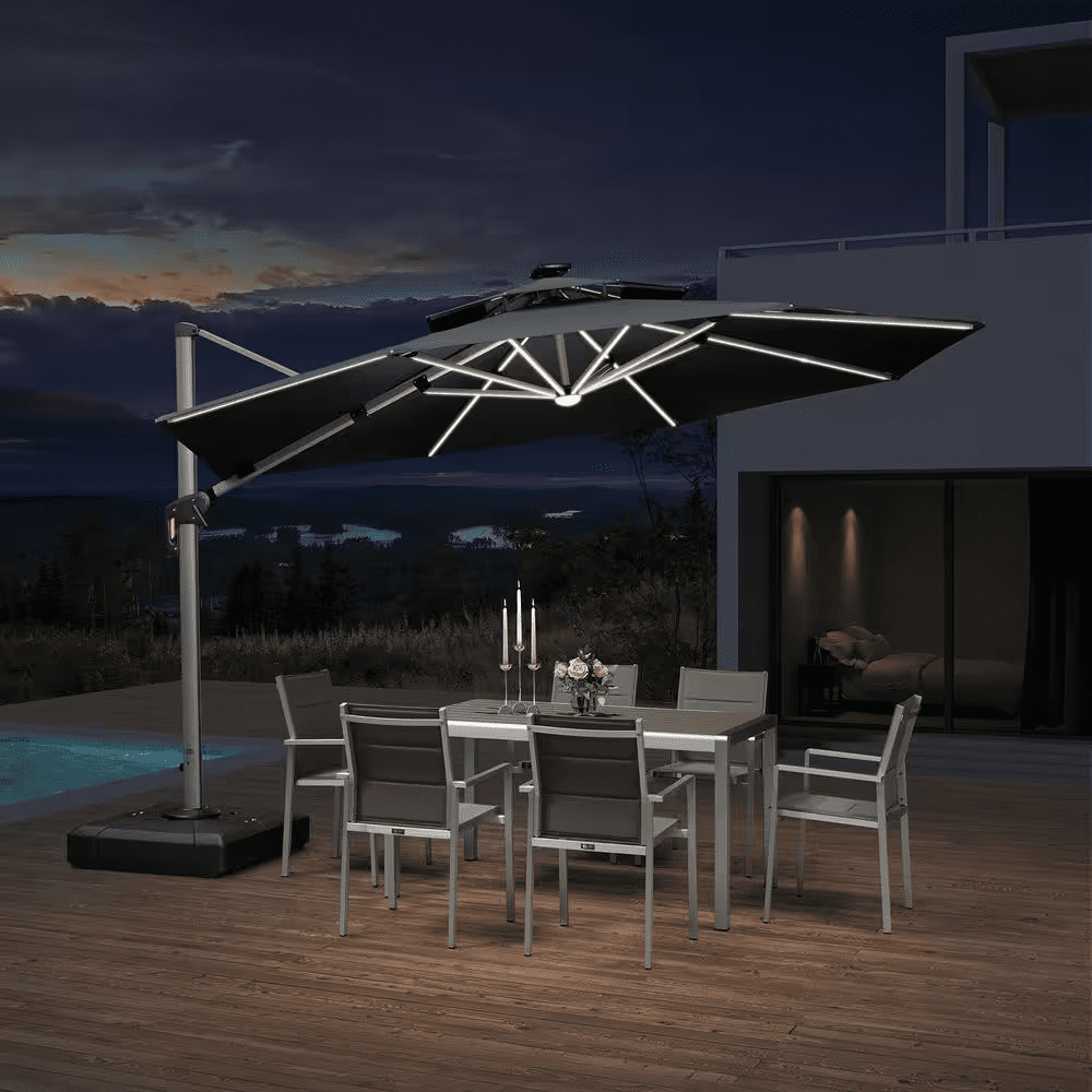 12 Ft. Octagon Aluminum Solar Powered LED Patio Cantilever Offset Umbrella with Base, Gray