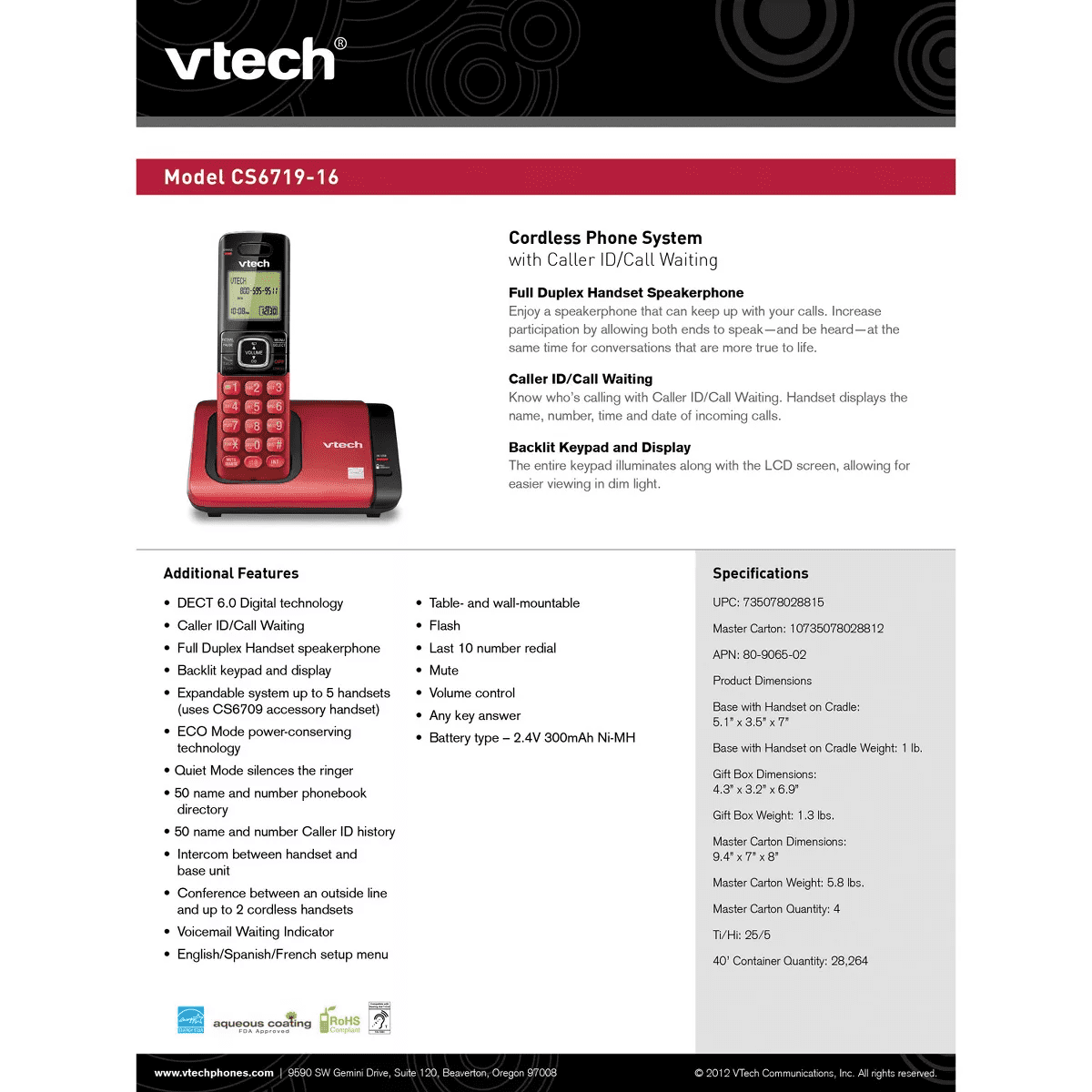 Vtech® 1-Handset DECT 6.0 Expandable Cordless Phone System for Landline, Caller Id/Call Waiting and Backlit Keypad/Display, CS6719-16 in Red - Image 3