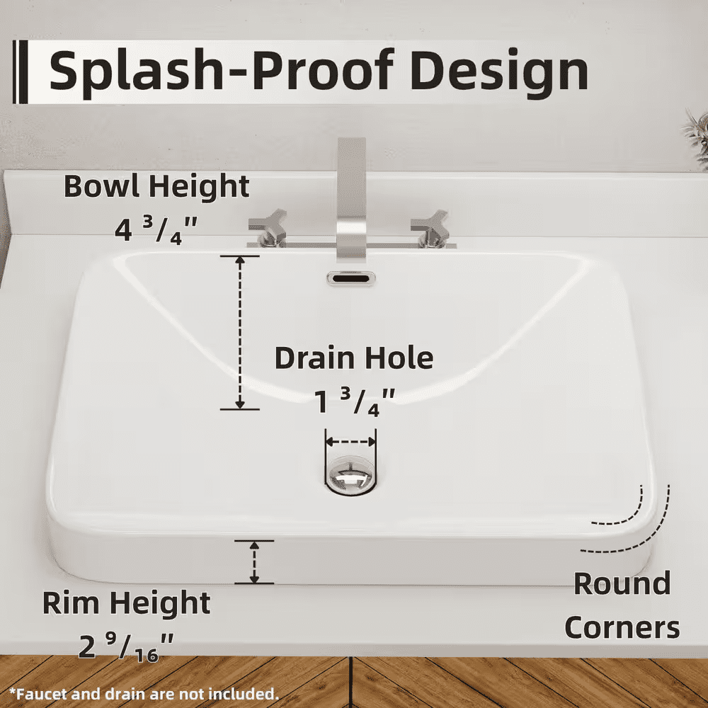Rectangular Semi Recessed Bathroom Sink 20 In. X 14 In. White Ceramic Vessel Sink with Rear Overflow and Rounded Corners - Image 10
