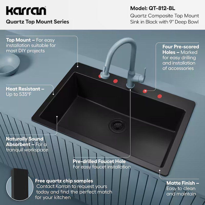 Drop-In or Undermount 33.0-In X 22.0-In Quartz Single Bowl Kitchen Sink - Image 5