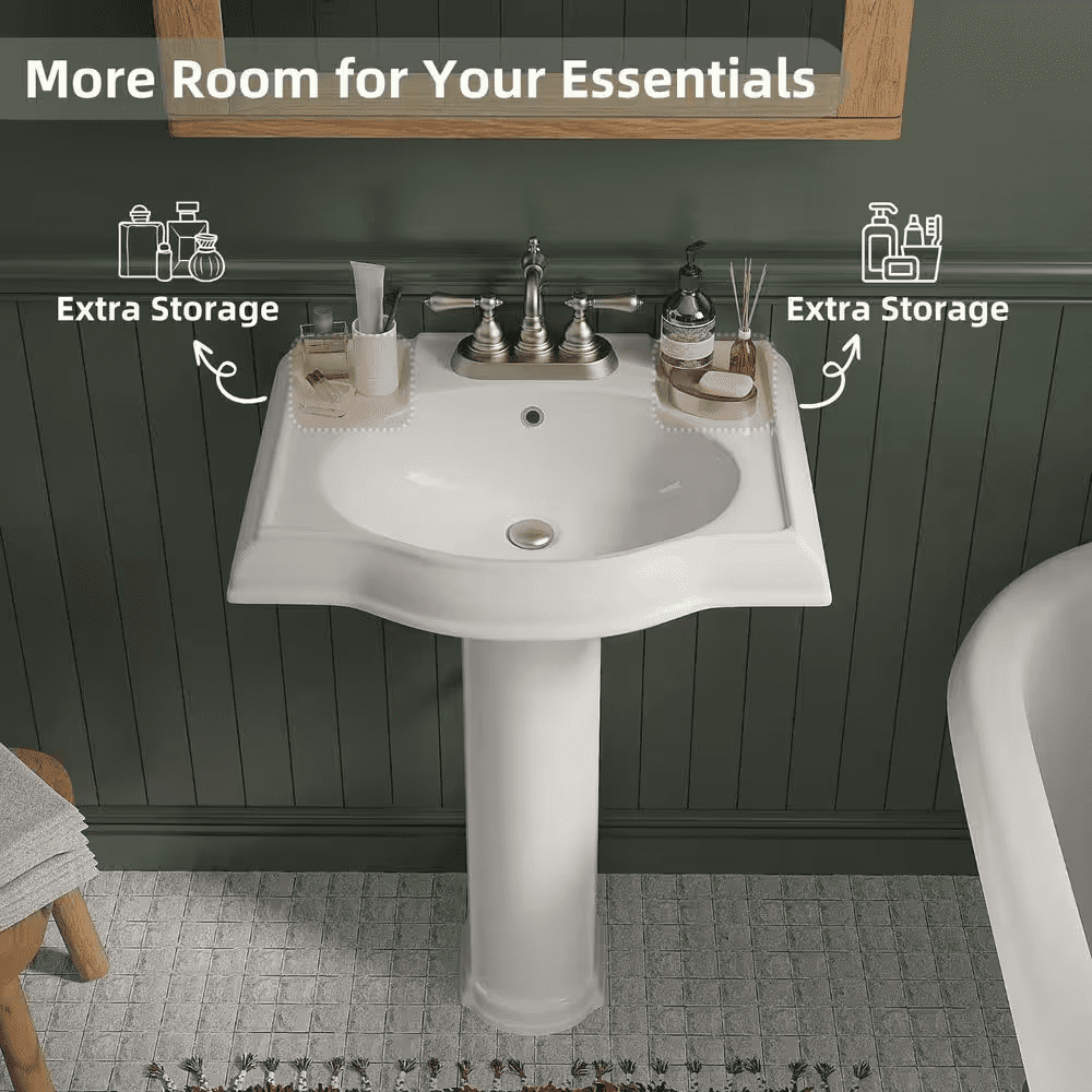 24 In. X 19 In. White Ceramic Rectangular Pedestal Bathroom Sink with Overflow and 3-Faucet Holes - Image 11