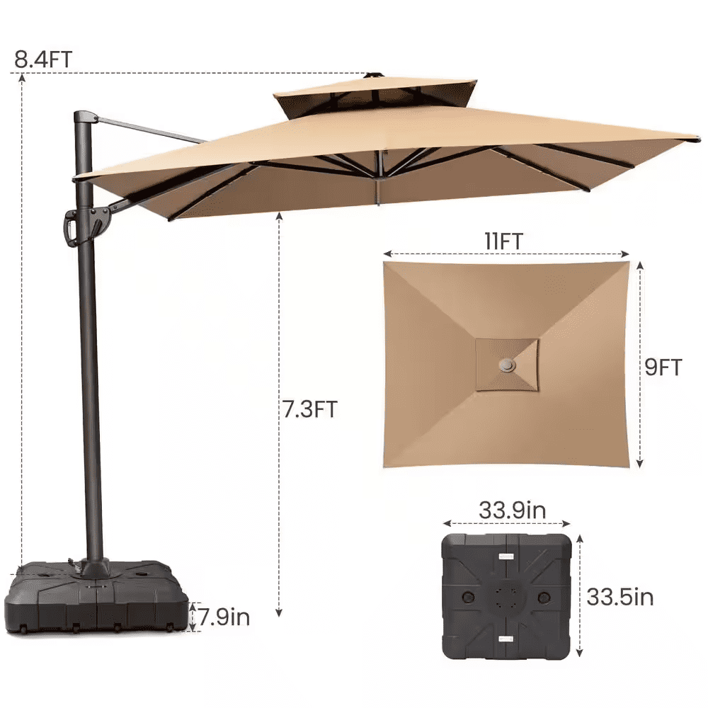 11 Ft. X 9 Ft. Double Top Rectangular Cantilever Patio Umbrella in Tan Brown with 260 Lbs. Base Stand - Image 7