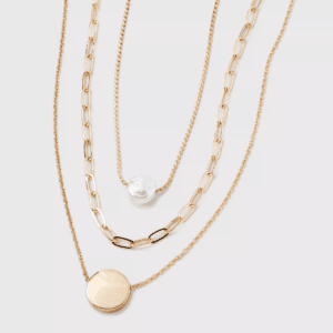 Gold 3 Row with Pearl & Coin Necklace - a New Day™ Gold: Multi-Strand, Nickel-Free Metal, Lobster Claw Clasp, 16" Length
