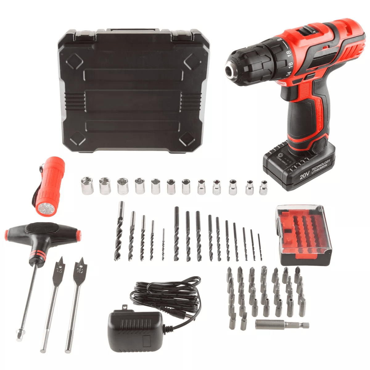 Stalwart 65PC Cordless Drill Set with Bits, Red