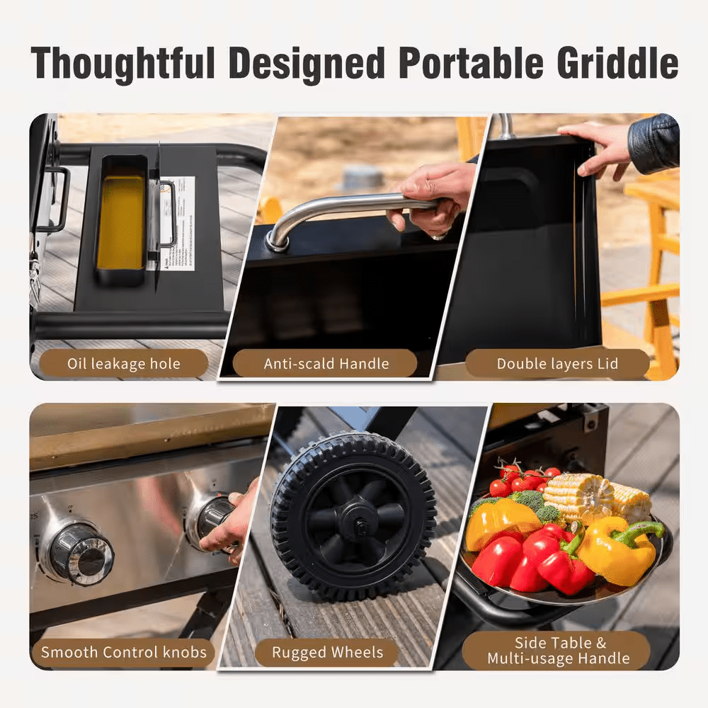 2-Burner Propane Gas Grill Flat Top Griddle with Foldable Cart 2-Type Regulator and Hose in Black - Image 8