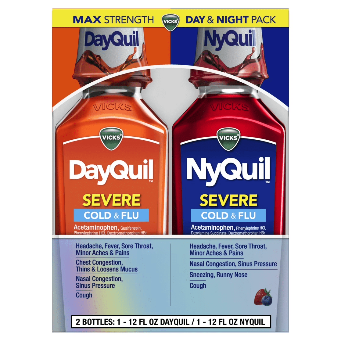 Dayquil and Nyquil Severe Cold and Flu Liquid, Cold and Flu Medicine for Adults, 2X12 Fl Oz