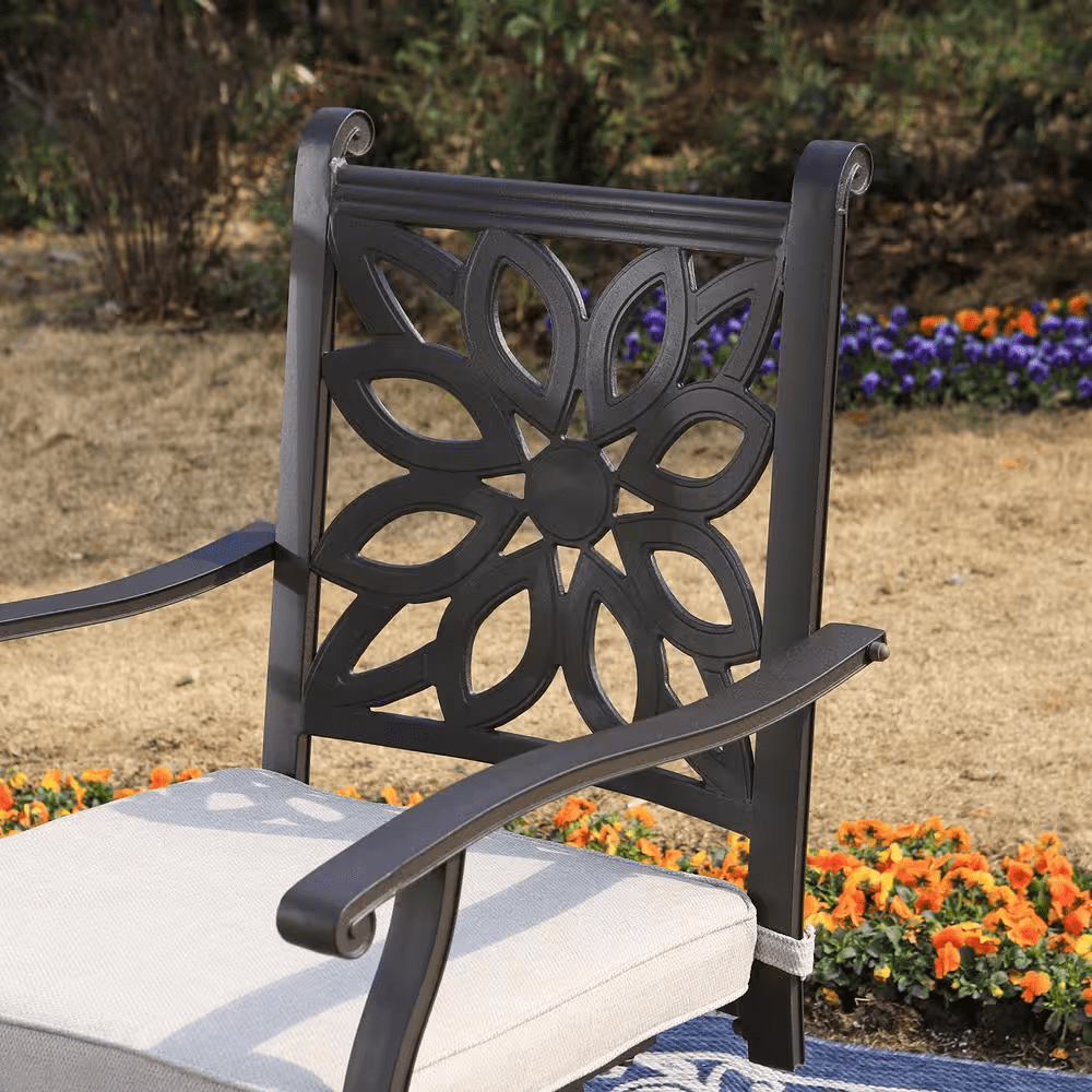 Brown 7-Piece Cast Aluminum Patio Outdoor Dining Set with Rectangle Table and Dining Chairs with Beige Cushion - Image 4