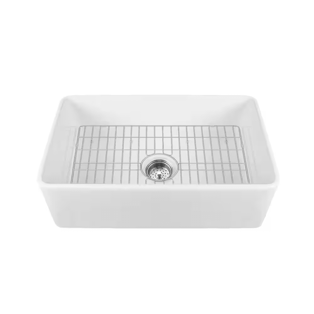 White Fireclay 24 In. L X 18 In. W Single Bowl Farmhouse Apron Kitchen Sink with Grid and Strainer - Image 11